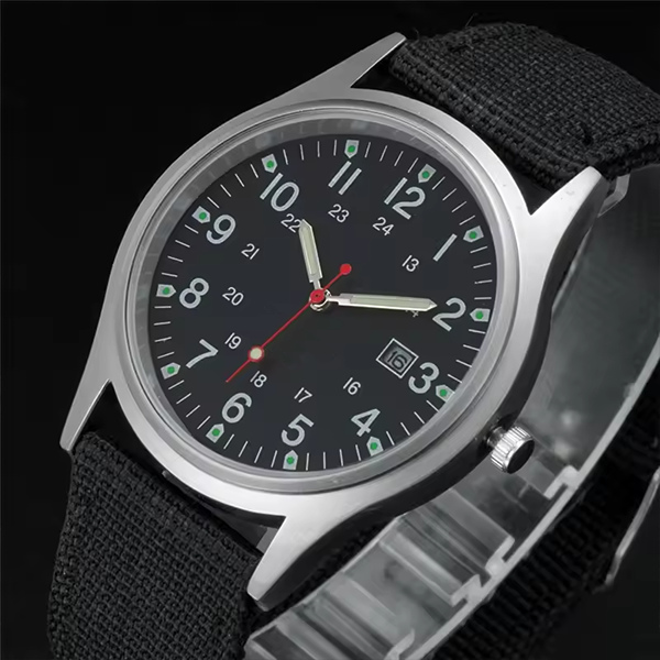 Men's Military Sports Quartz Watch – Fashionable Nylon Band, Army Style with Date Display Black