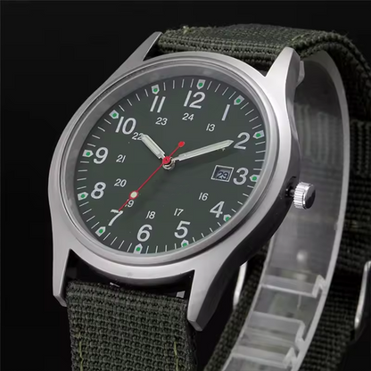 Men's Military Sports Quartz Watch â€“ Fashionable Nylon Band, Army Style with Date Display Green