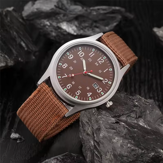 Men's Military Sports Quartz Watch â€“ Fashionable Nylon Band, Army Style with Date Display Coffe