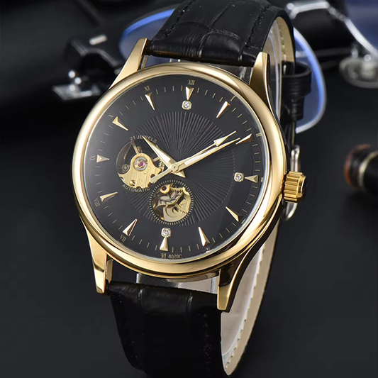 Elegant Men's Automatic Skeleton Watch â€“ Roman Numerals, Waterproof Mechanical Timepiece, Perfect Gift Black Gold