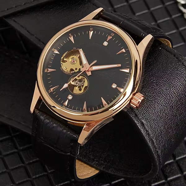 Elegant Men's Automatic Skeleton Watch â€“ Roman Numerals, Waterproof Mechanical Timepiece, Perfect Gift Black Gold