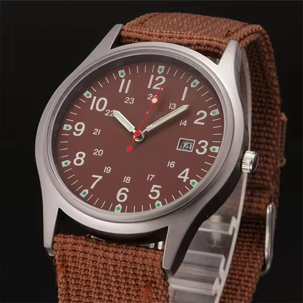 Men's Military Sports Quartz Watch â€“ Fashionable Nylon Band, Army Style with Date Display Coffe