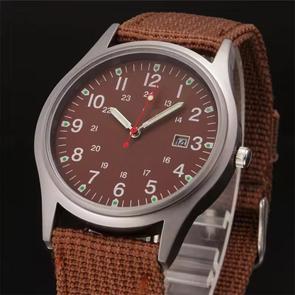 Men's Military Sports Quartz Watch â€“ Fashionable Nylon Band, Army Style with Date Display Coffe