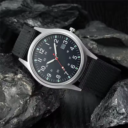 Men's Military Sports Quartz Watch â€“ Fashionable Nylon Band, Army Style with Date Display Black
