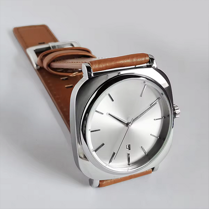 Men's Elegant Square Quartz Watch â€“ Minimalist Business Design, High-Quality Fashion Timepiece Brown Silver